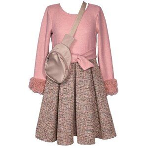 NEW Bonnie Jean Girls 4-16 Pink Crepe Tan Boucle’ Knit Dress X-Body Bag